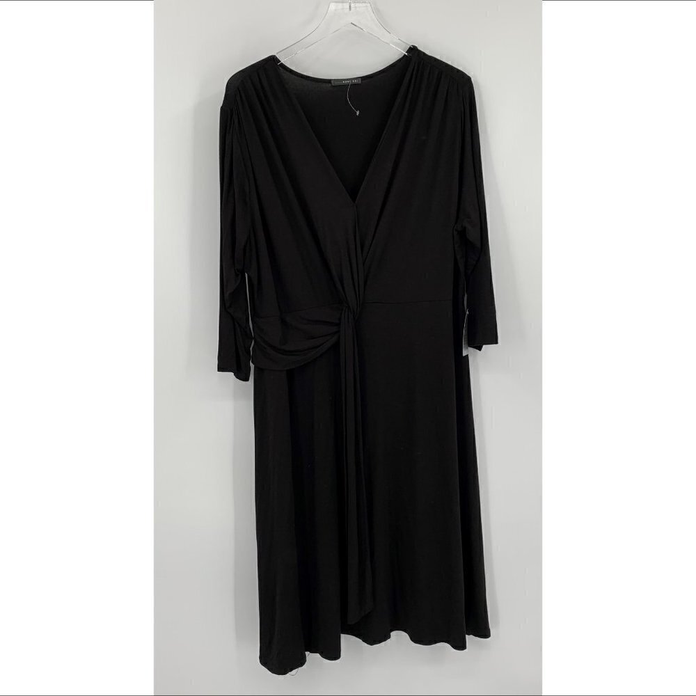 West Kei draped knit dress black long sleeve knot v-neck shift stretch new 1X